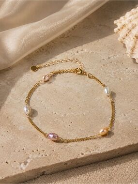 18K Gold Freshwater Pearl Stations Ankle Bracelet - Multicolor